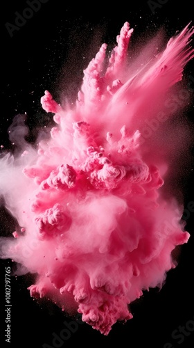 Pink Powder Explosion on Black Background. Abstract Burst of Vibrant Dust Particles in Vertical Composition