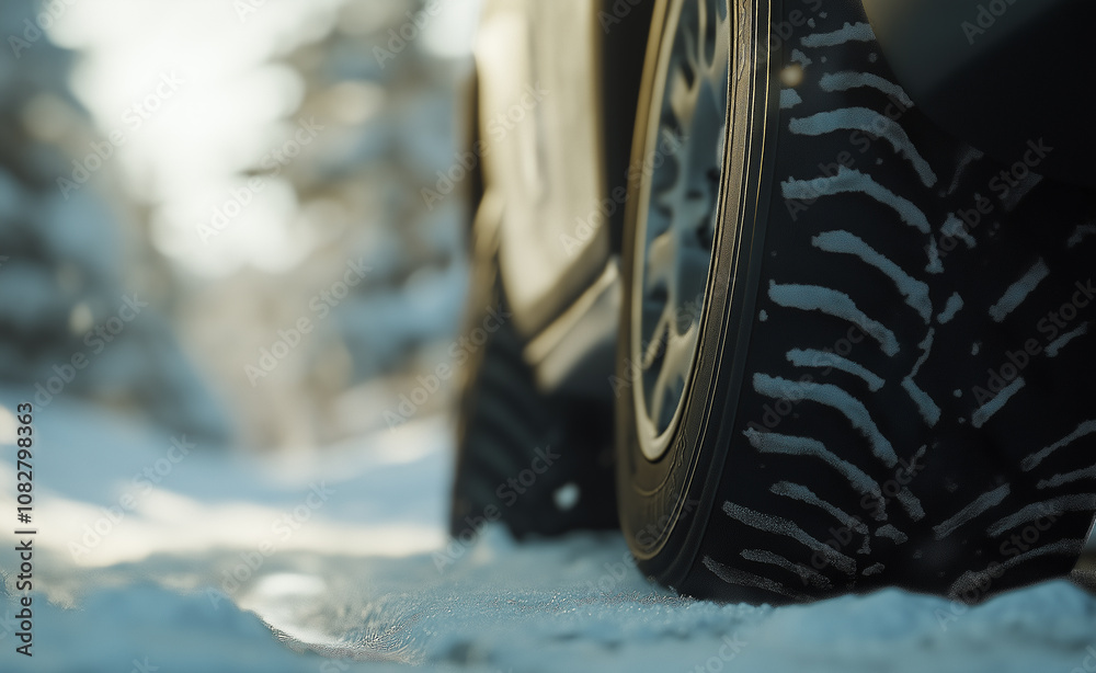 Close-up of a car tire with winter tires on snow, a car driving in the background, in white and black colors, taken from a low angle Close-up of a car tire with winter tires on snow, a car driving in the background, in white and black colors, taken from a low angle
