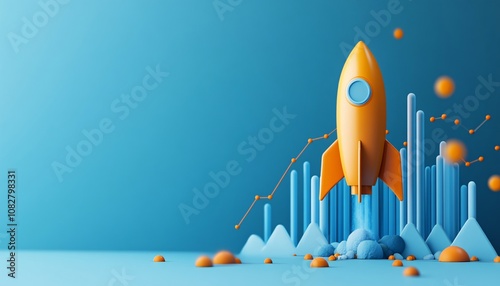Innovative rocket launching alongside a 3D financial chart set against a blue background symbolizes dynamic financial growth and progress.
