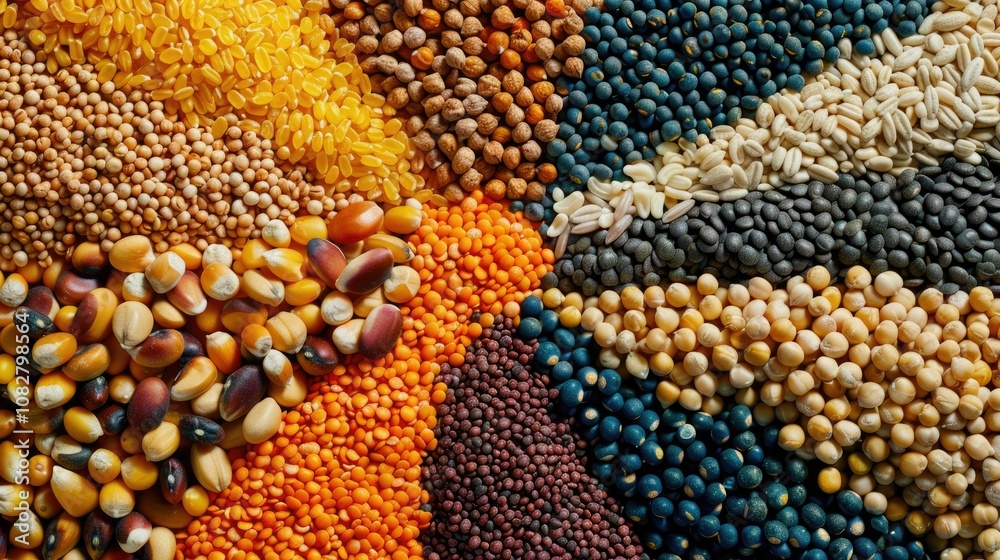 Various grains and legumes in a circular layout