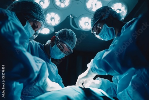 Surgeons and nurse perform minimally invasive spine surgery in the operating room with advanced medical instruments