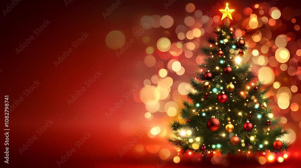 An ornamented christmas tree with bokeh lights against a red background. Ornamented. Illustration An ornamented christmas tree with bokeh lights against a red background. Ornamented. Illustration