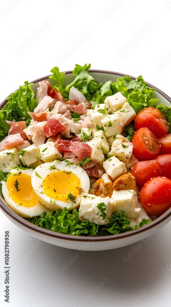 Food, Cobb Salad, on White Background, Photo Realistic, Wallpaper, Cover and Screen for Smartphone, PC, Laptop, 9:16 and 16:9 Format Food, Cobb Salad, on White Background, Photo Realistic, Wallpaper, Cover and Screen for Smartphone, PC, Laptop, 9:16 and 16:9 Format