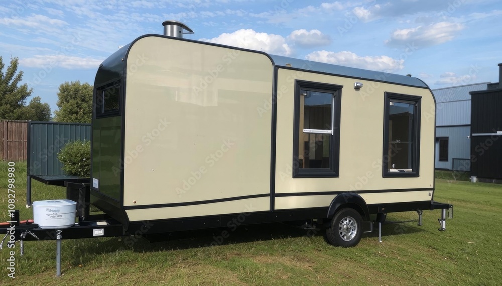 A compact mobile trailer-home caravan with dual axles and a small window, designed for easy transportation. AI generated. A compact mobile trailer-home caravan with dual axles and a small window, designed for easy transportation. AI generated.