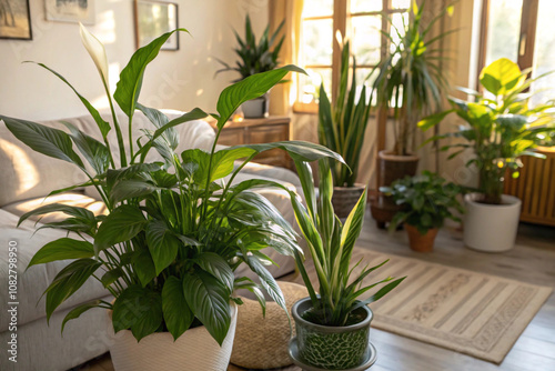 An indoor setting filled with various air-purifying plants