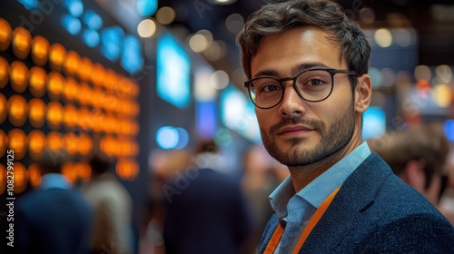 Professional at Tech Conference with Soft Background