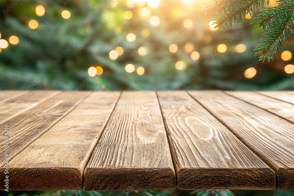 Wooden tabletop with blurred festive lights and greenery in background. Wooden tabletop with blurred festive lights and greenery in background.