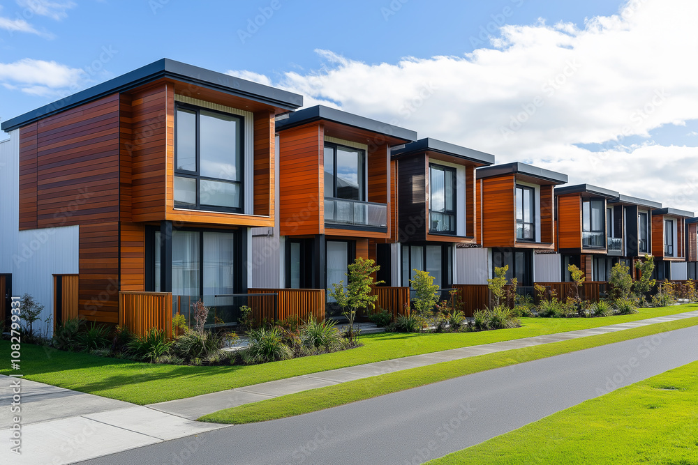 A row of modern townhouses in New Zealand, set against the backdrop of lush green grass and tall native plants. The houses feature contemporary architecture with wooden accents on their facades A row of modern townhouses in New Zealand, set against the backdrop of lush green grass and tall native plants. The houses feature contemporary architecture with wooden accents on their facades