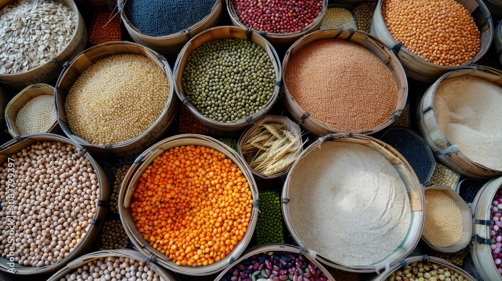 Various grains and legumes in a circular layout