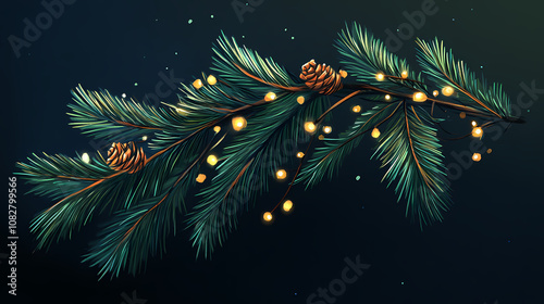 An ornamented pine branch adorned with twinkling lights. Ornamented. Illustration