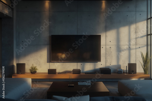 Modern living room with a concrete wall and a large TV mockup, wooden furniture, a neutral color palette, sleek design elements, a comfortable seating arrangement, minimalistic decor