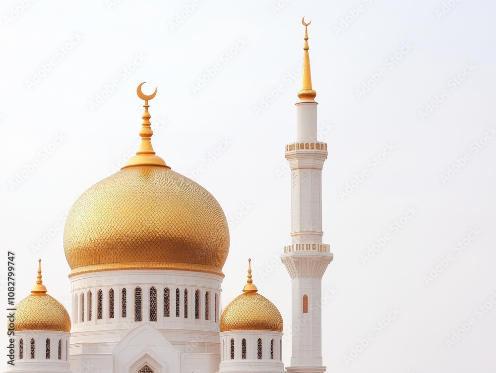 Obraz premium Golden Mosque with Crescent Moon and Minaret