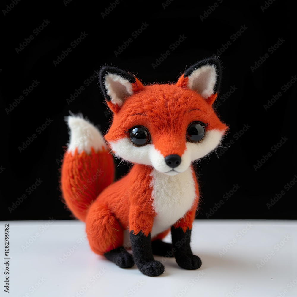 Obraz premium Adorable orange fox toy character with big eyes on a black background 