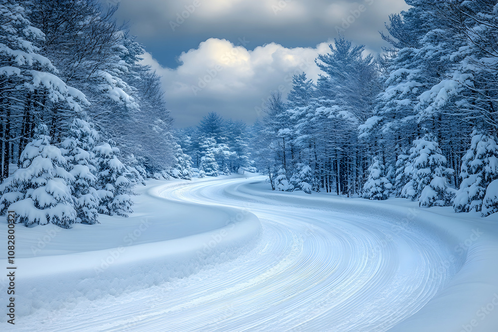 A winding snow-covered road through a snowy forest with a cloudy blue sky above. A winding snow-covered road through a snowy forest with a cloudy blue sky above.