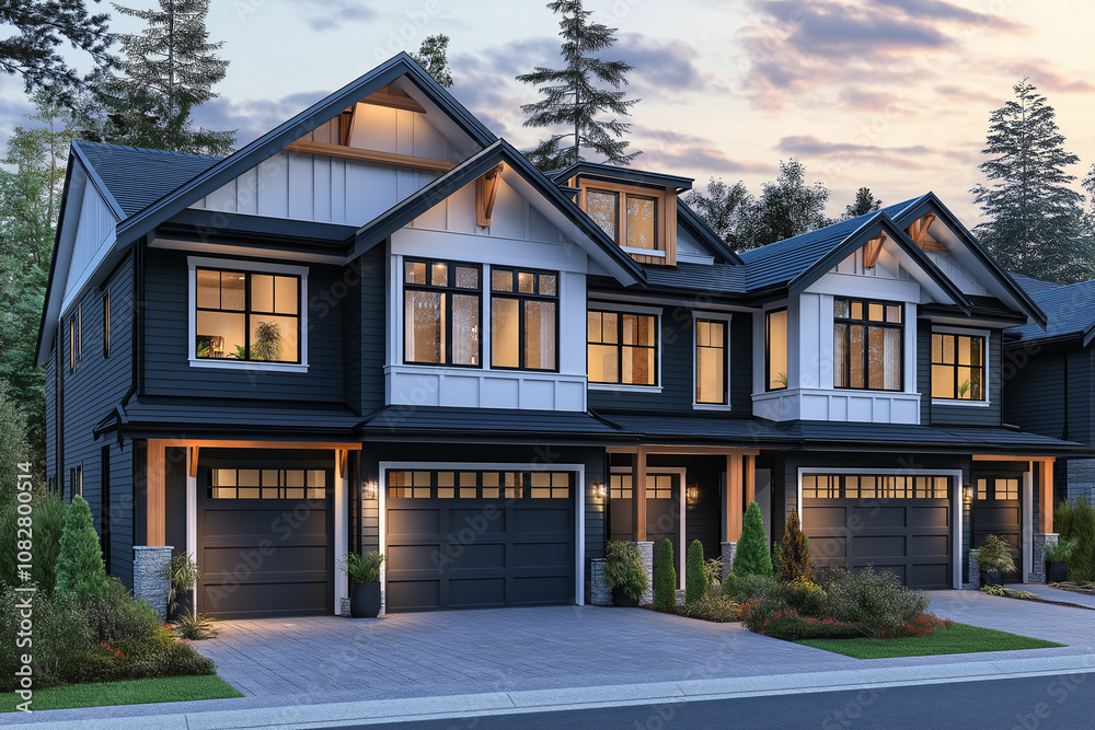 Modern townhouses with dark gray cladding, white accents, and wooden features on the front facades. The style is architectural design in an Australian suburban setting at dusk Modern townhouses with dark gray cladding, white accents, and wooden features on the front facades. The style is architectural design in an Australian suburban setting at dusk