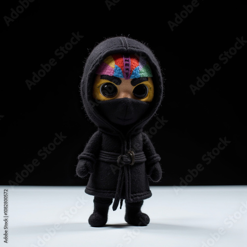 Unique handmade doll ninja wearing a black hooded outfit with colorful hair detail against a dark background photo