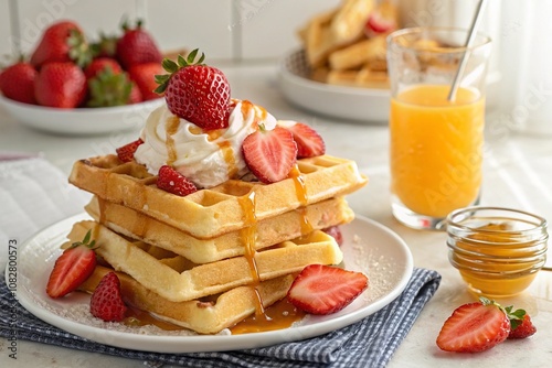 Delicious Waffles with Strawberries, Whipped Cream, and Caramel Drizzle photo