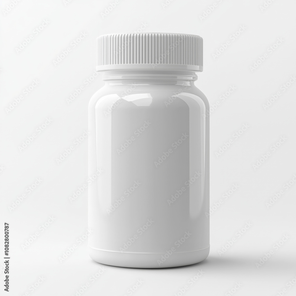 plain, white pill bottle with a ribbed cap against a minimalistic white background. The bottle has no label, making it ideal for product mockups or branding presentations in healthcare plain, white pill bottle with a ribbed cap against a minimalistic white background. The bottle has no label, making it ideal for product mockups or branding presentations in healthcare