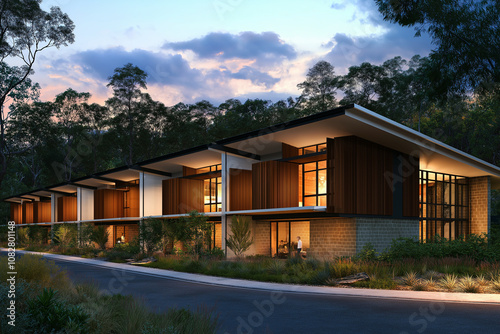 Modern townhouses with dark gray cladding, white accents, and wooden features on the front facades. The style is architectural design in an Australian suburban setting at dusk