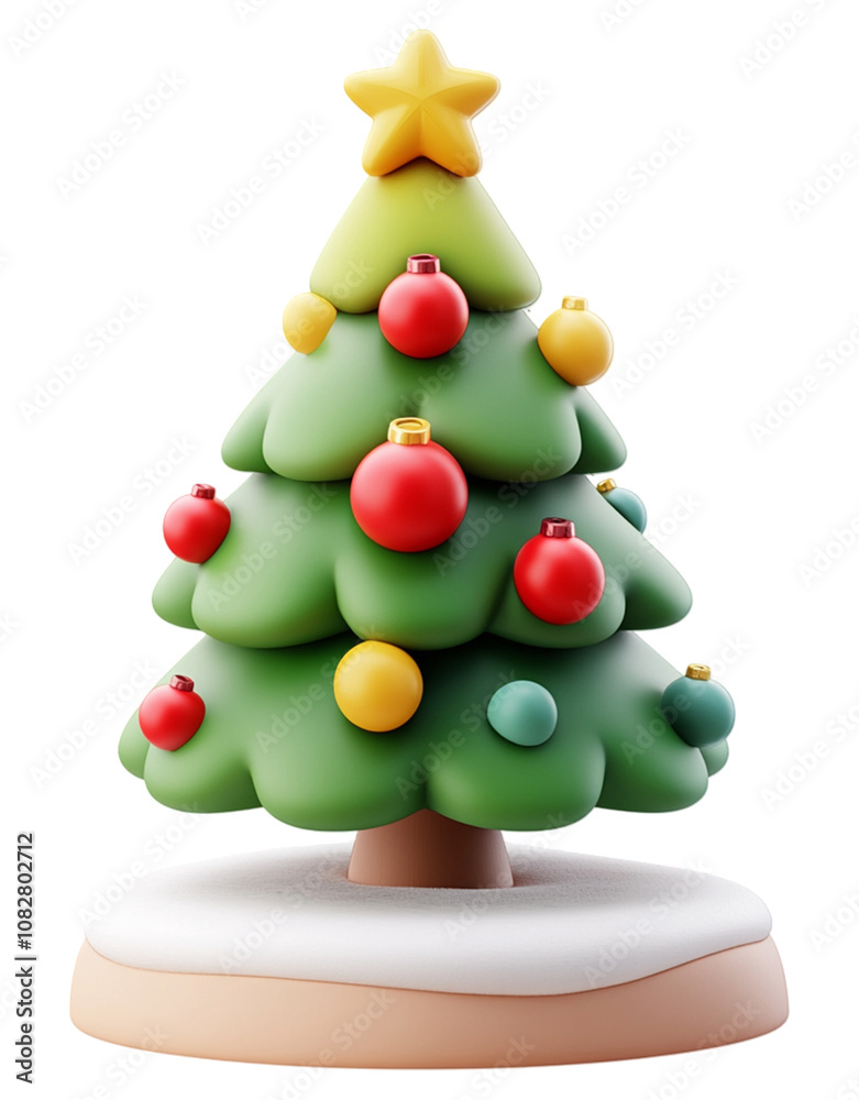 A charming 3D cartoon-style Christmas tree with bright ornaments, a golden star at its peak, and a snowy foundation to enhance the festive.