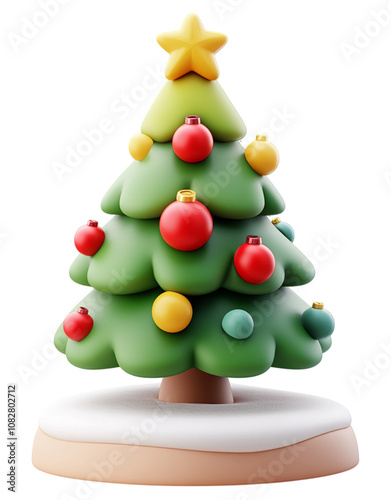 Obraz na płótnie A charming 3D cartoon-style Christmas tree with bright ornaments, a golden star at its peak, and a snowy foundation to enhance the festive. w salonie