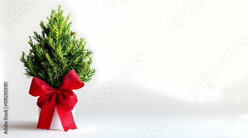 A diminutive artificial christmas tree, draped in vibrant green foliage and adorned with a striking red bow, isolated on a spotless white surface. Ornamented. Illustration
