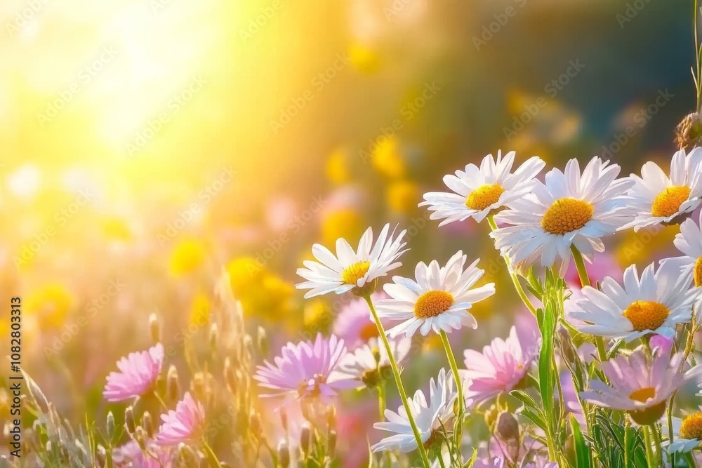 Bright wildflowers bloom in a sunny field, with daisies and soft grasses swaying gently under warm sunlight Bright wildflowers bloom in a sunny field, with daisies and soft grasses swaying gently under warm sunlight