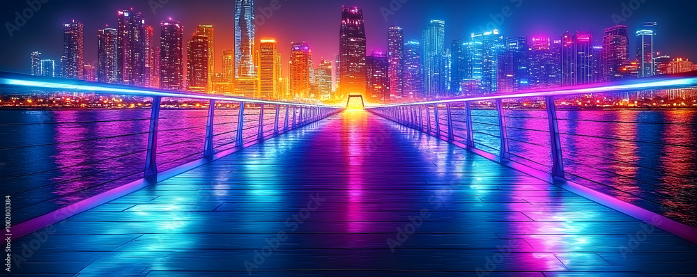 Obraz premium Neon lights illuminate a long, empty pier overlooking a city skyline.
