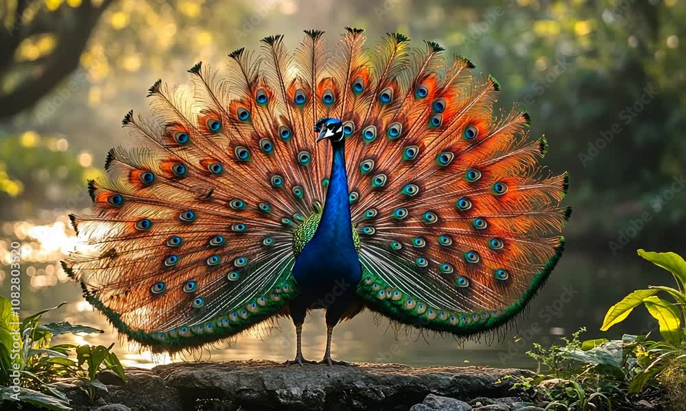 A vibrant peacock displaying its colorful feathers by a water body.