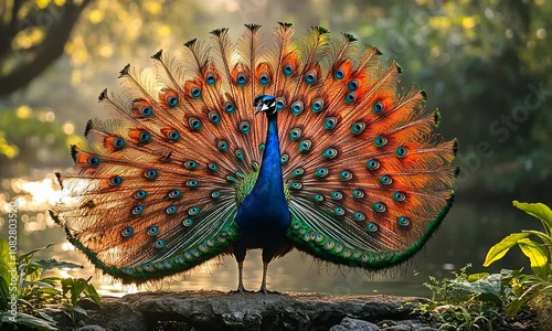 A vibrant peacock displaying its colorful feathers by a water body.