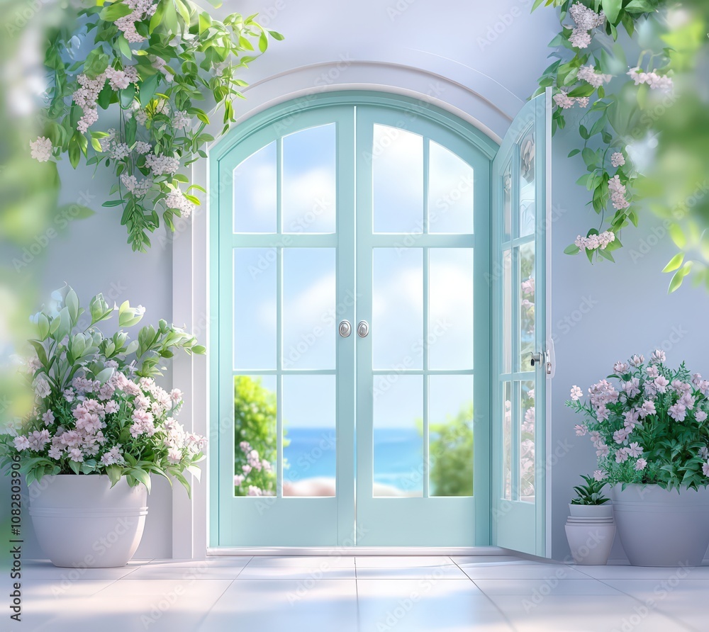 Bright and Inviting Indoor Space with Open Doors Framed by Lush Greenery, Colorful Blossoms, and a Stunning View of an Ocean Landscape Bright and Inviting Indoor Space with Open Doors Framed by Lush Greenery, Colorful Blossoms, and a Stunning View of an Ocean Landscape