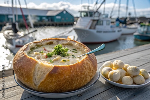 Delicious Clam Chowder in Bread Bowl, Harborside Feast