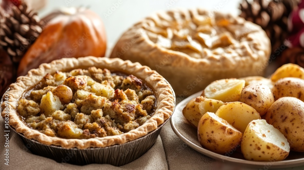 A festive spread featuring pies and roasted potatoes. A festive spread featuring pies and roasted potatoes.