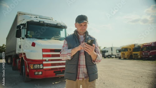 Focused Caucasian male standing in front of his truck while using smartphone. Looking at screen. Pressing with fingers on touch screen. Confirming finished delivery. Sunny weather outside.