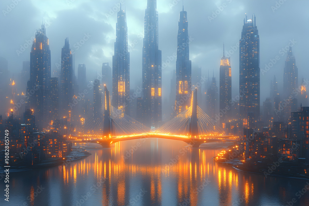 Fototapeta premium A futuristic cityscape with tall buildings, a bridge, and a river.