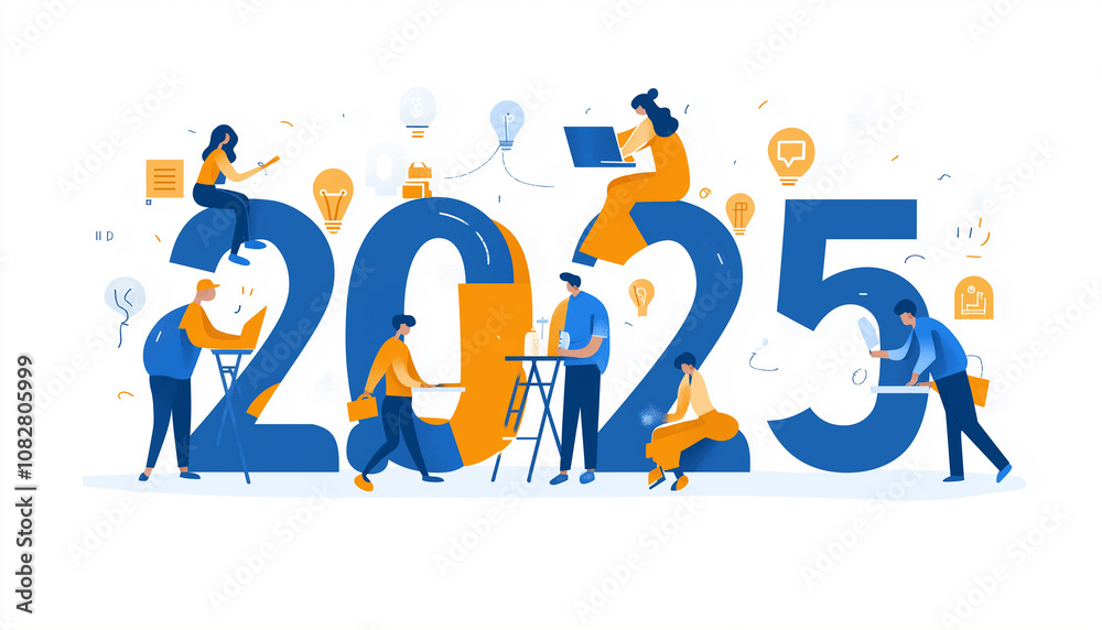 Flat illustration of people working together to paint the numbers Flat illustration of people working together to paint the numbers