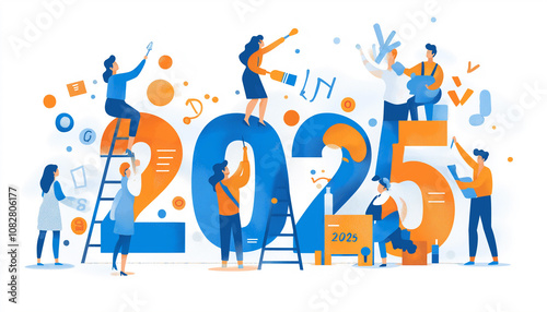 Flat illustration of people working together to paint the numbers "2025" in blue and orange, against a white background