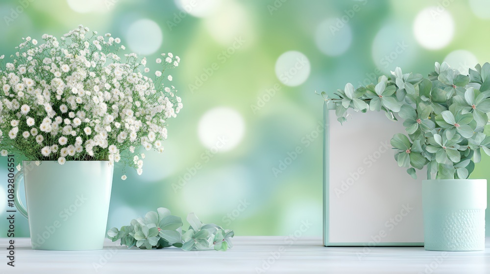 Fototapeta premium Beautiful Spring Decor with Fresh Green and White Flowers in Elegant Mint Pots Against a Soft Blurred Green Background for Home or Office Aesthetic