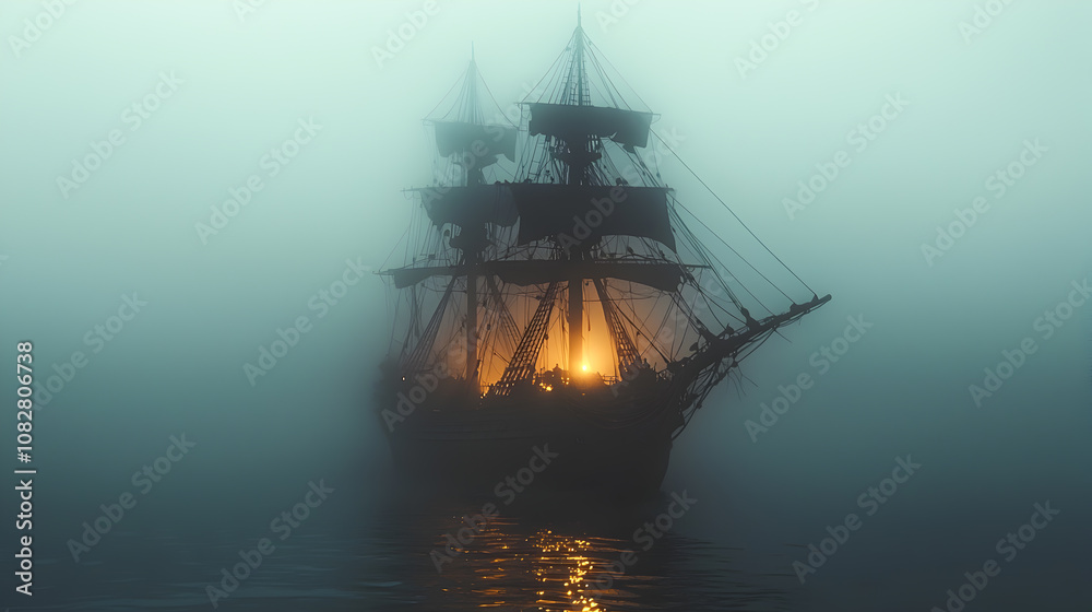 Fototapeta premium Mysterious Ghost Ship Gliding Through Dense Fog at Dusk 