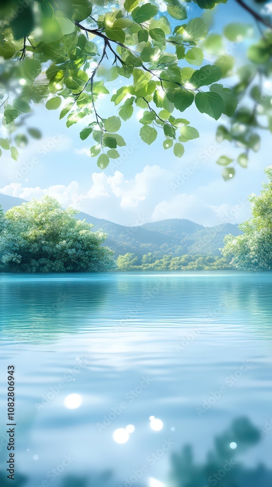 Serene lake surrounded by lush greenery, gentle rippling water reflects the clear blue sky, serene mountains create a tranquil natural landscape for relaxation and inspiration Serene lake surrounded by lush greenery, gentle rippling water reflects the clear blue sky, serene mountains create a tranquil natural landscape for relaxation and inspiration