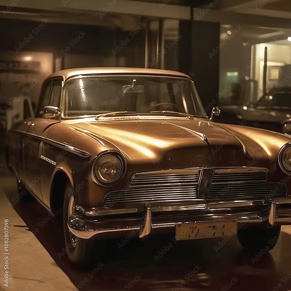 Fototapeta premium Vintage bronze car with classic curves in a dimly lit garage showcasing nostalgia. 