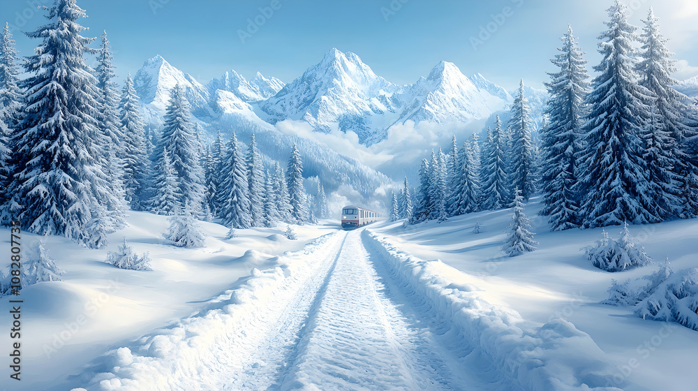 A snowplow clears a path through a snowy forest with majestic mountains in the background.