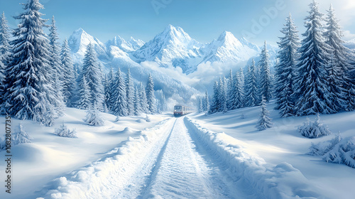 A snowplow clears a path through a snowy forest with majestic mountains in the background.