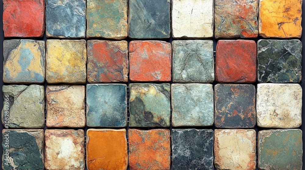 A mosaic of colorful, textured tiles arranged in a grid pattern. A mosaic of colorful, textured tiles arranged in a grid pattern.