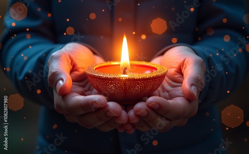 Closeup of hands holding a lit diya a traditional Indian oil lamp with a dark background
 photo