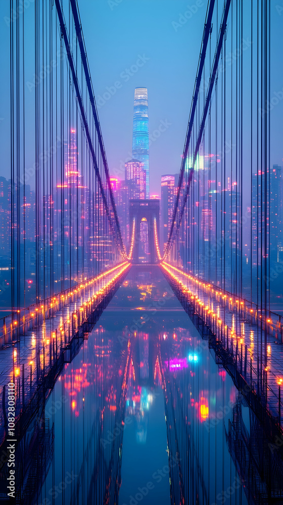 Obraz premium A stunning view of a cityscape at dusk, with the lights of the city reflecting in the water below.