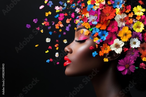 A vibrant woman adorned with a colorful flower headdress, showcasing her beauty with bright lipstick against a dark backdrop photo