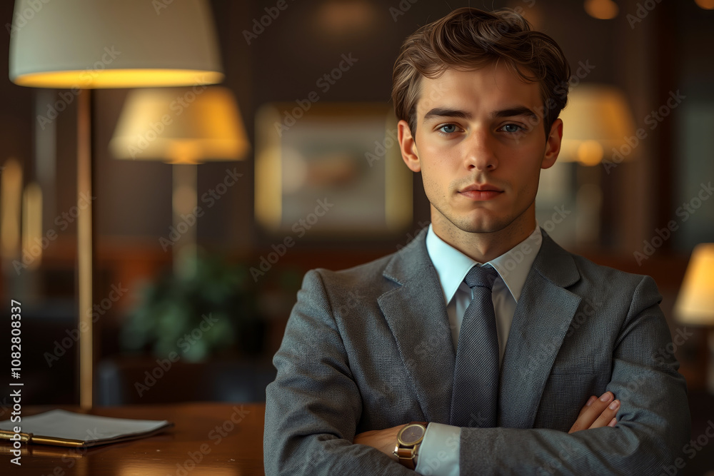 Fototapeta premium A man in a suit sitting at a table with his arms crossed