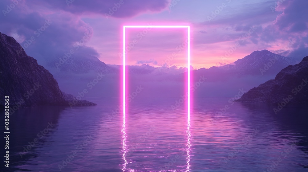 Glowing Neon Rectangle Portal Above Water with Mountains, AI generated illustration Glowing Neon Rectangle Portal Above Water with Mountains, AI generated illustration