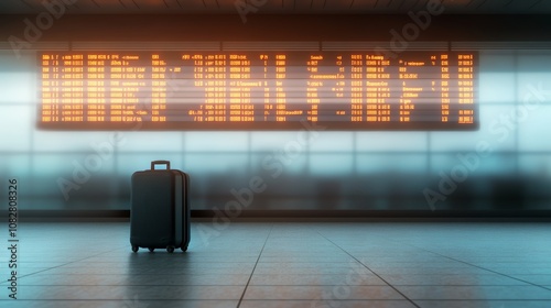 Unattended suitcase sits in a deserted airport terminal beneath a digital flight schedule, creating a lonely and anticipatory atmosphere photo